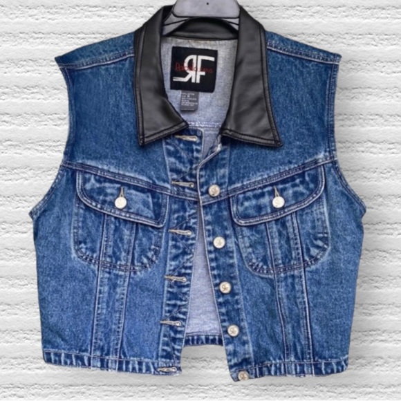 RF | Distressed Denim Vest | Faux leather collar | Women’s Size Medium - Picture 2 of 5